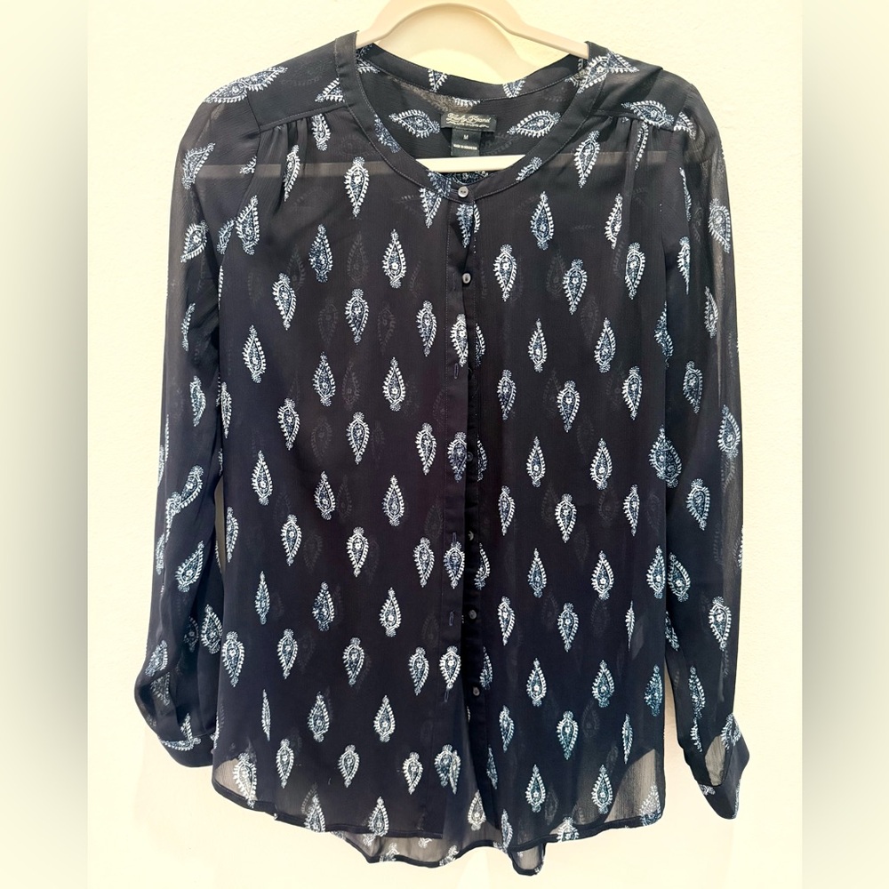 Lucky Brand Navy Blue Sheer Blouse with White Paisley